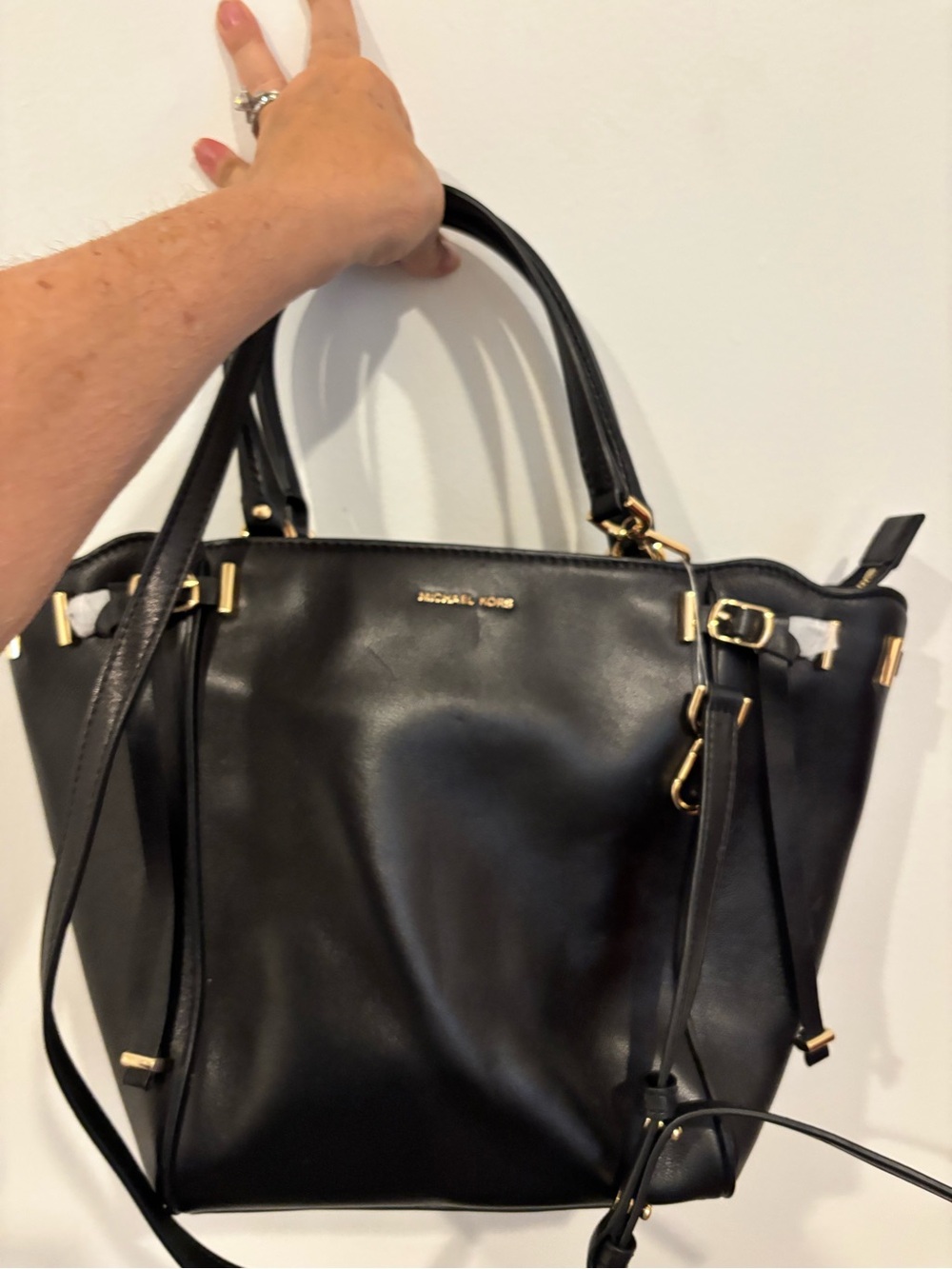 MICHAEL Michael Kors Black Leather Tote with Gold-Tone Accents